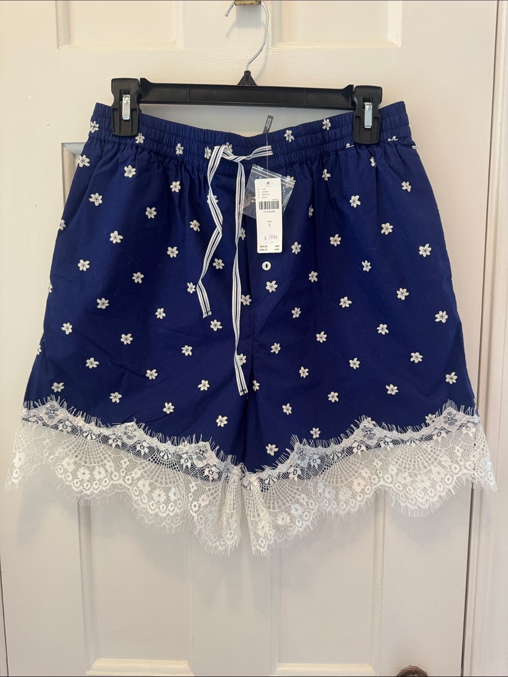 Anthropologie Navy Blue Floral Lace-Trim Sleep Shorts